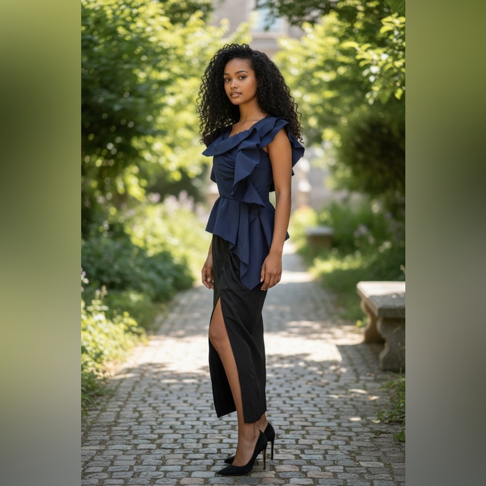Self-Portrait Asymmetrical Ruffle Midi Dress Navy Black | Sculptural Cocktail